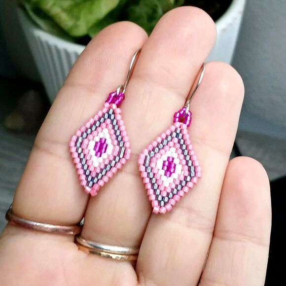 Seed Bead Diamond Geometric Dangle Earrings, Beaded Jewelry, Pink & Purple, 2" - Picture 6 of 7